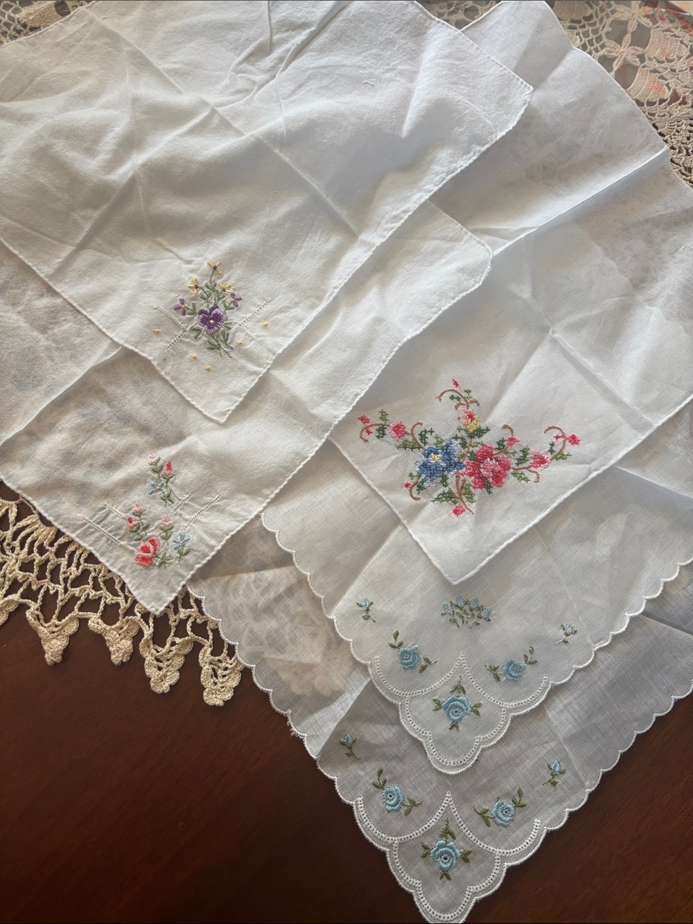 Embroidered Vintage White Handkerchiefs with Floral Motifs.  Old blue